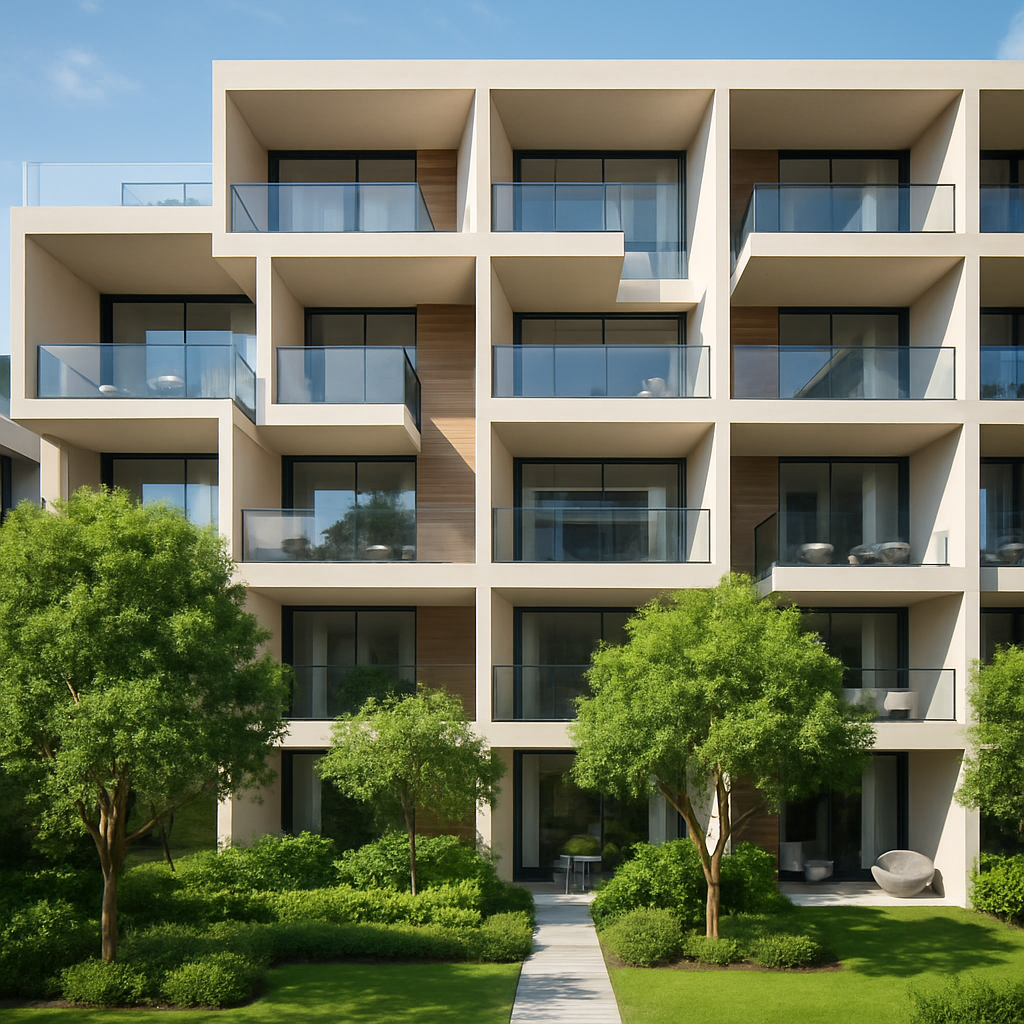 A modern multi-level building offering a range of premium amenities. Its façade features a spacious garden adorned with lush trees and elegant rectangular balconies that beautifully contrast with the building’s geometric architecture. Whether it’s a plumbing issue, repair needs, lighting malfunction, or equipment maintenance, we are dedicated to promptly resolving it with expertise and care.